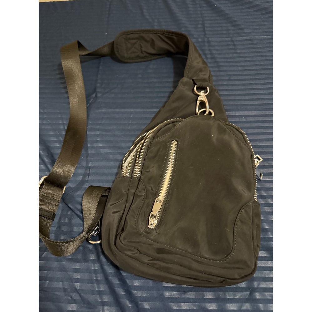Black Nylon Sling Bag Crossbody Backpack Travel Chest Pack Striped Lining